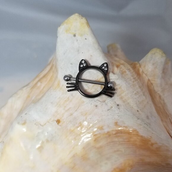 14G Black Cat Surgical Steel Clear CZ Gem Nipple Shield piercing jewelry - Picture 2 of 5